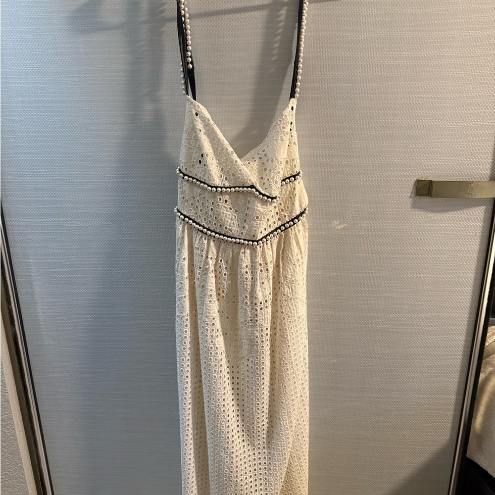 Elegant Cream Eyelet Maxi Dress with Black Pearl Trim